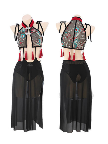 Chinese Style Mesh Teddy with Skirt - Two Piece Transparent Costume Blesssafe