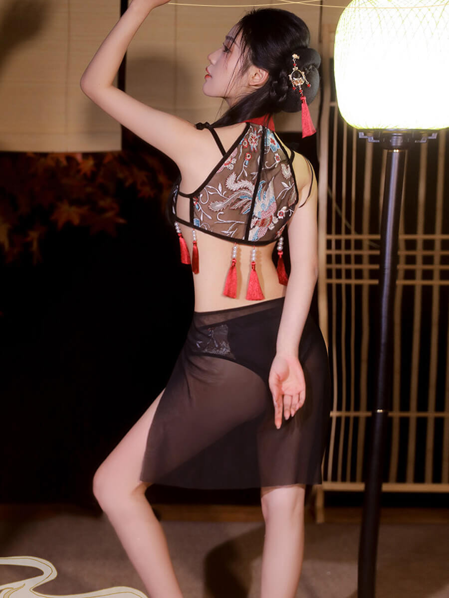 Chinese Style Mesh Teddy with Skirt - Two Piece Transparent Costume Blesssafe