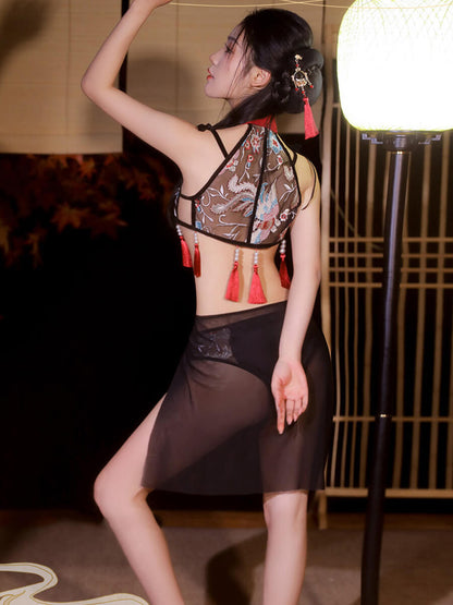 Chinese Style Mesh Teddy with Skirt - Two Piece Transparent Costume Blesssafe