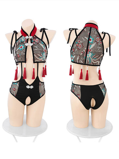 Chinese Style Mesh Teddy with Skirt - Two Piece Transparent Costume Blesssafe