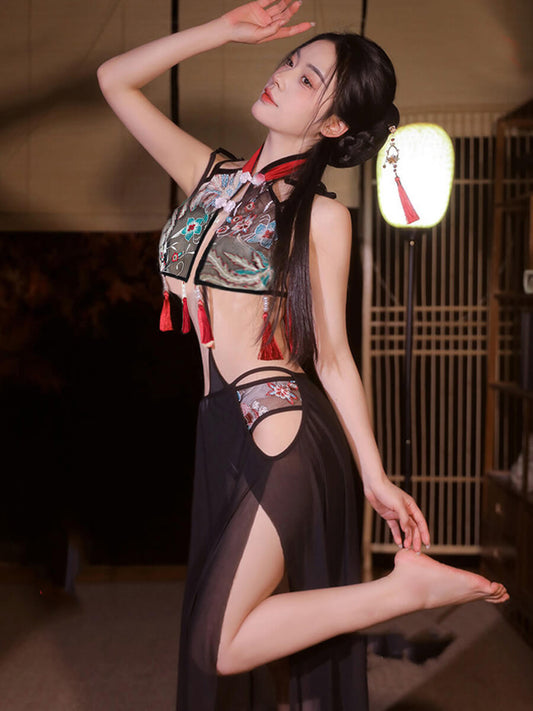 Chinese Style Mesh Teddy with Skirt - Two Piece Transparent Costume Blesssafe