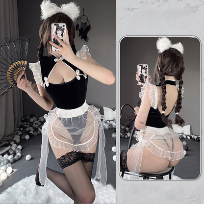 Chinese Style Hollow Out Maid Bodysuit with Mesh Apron Set Blesssafe