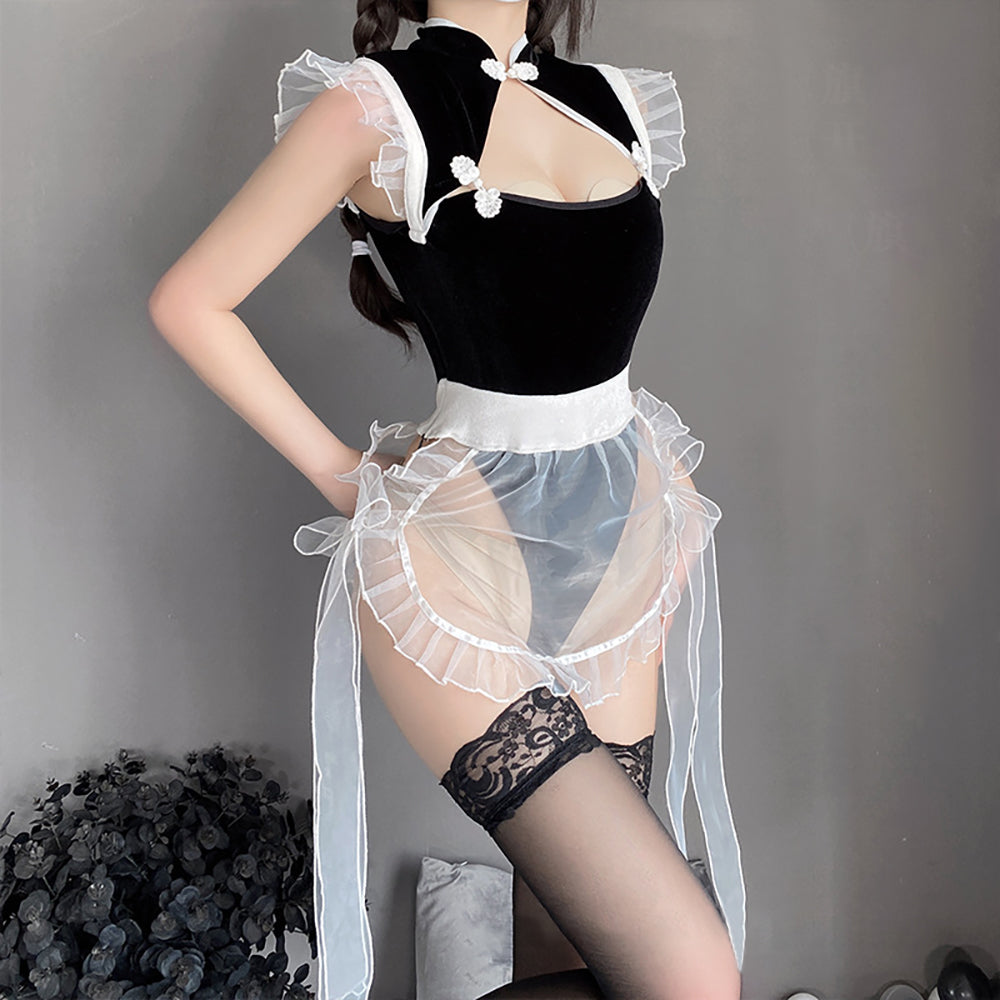 Chinese Style Hollow Out Maid Bodysuit with Mesh Apron Set Blesssafe