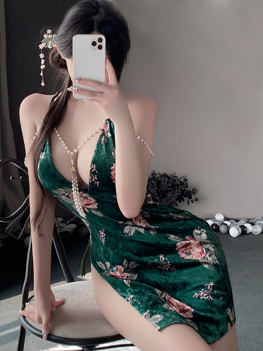 Floral Velvet Cheongsam Dress - Textured Chinese Style Gown Blesssafe