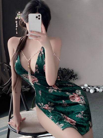 Floral Velvet Cheongsam Dress - Textured Chinese Style Gown Blesssafe