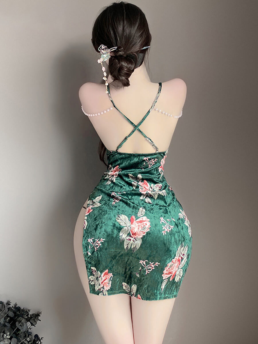Floral Velvet Cheongsam Dress - Textured Chinese Style Gown Blesssafe