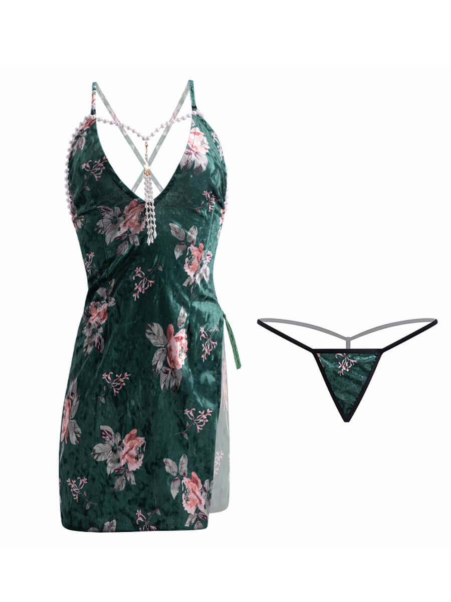 Floral Velvet Cheongsam Dress - Textured Chinese Style Gown Blesssafe