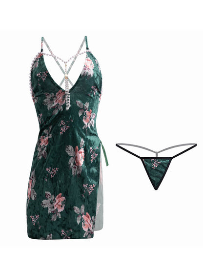 Floral Velvet Cheongsam Dress - Textured Chinese Style Gown Blesssafe