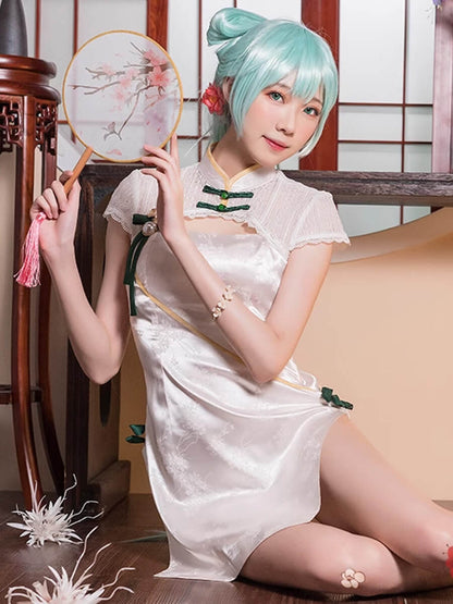 Chinese Cheongsam Dress White Side Slit Tradition Anime Cosplay Costume Blesssafe