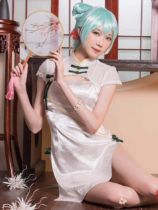 Chinese Cheongsam Dress White Side Slit Tradition Anime Cosplay Costume Blesssafe
