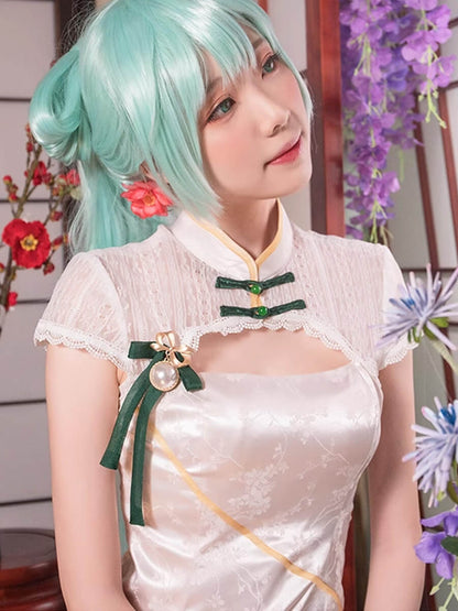 Chinese Cheongsam Dress White Side Slit Tradition Anime Cosplay Costume Blesssafe
