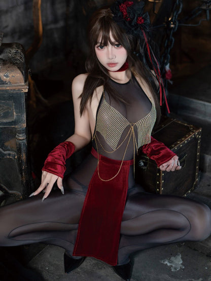Vintage Gold Chain Cosplay Lingerie - Hardware Strap Qipao Set Blesssafe