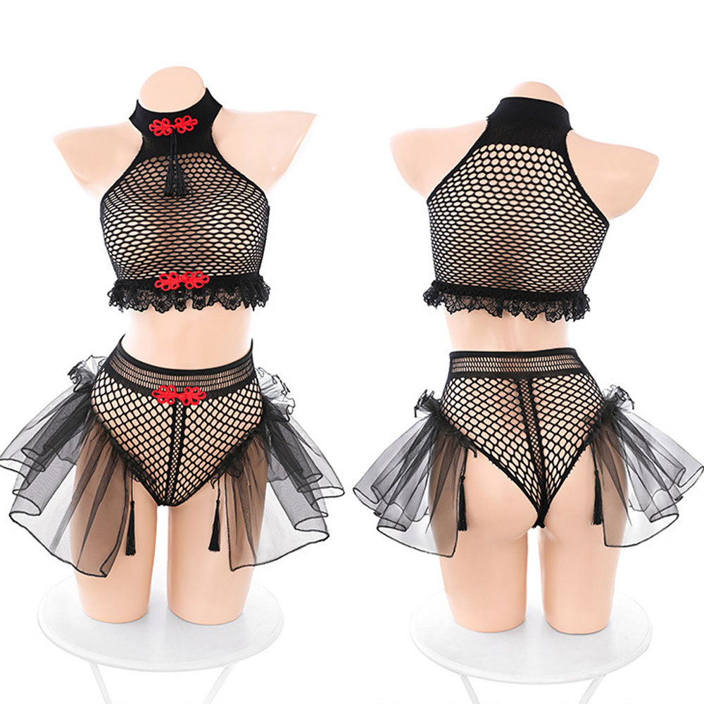 Chinese Style Fishnet Lingerie Set 2 Piece Bodystocking Set Lattice Net Crop Top and Bottom Blesssafe