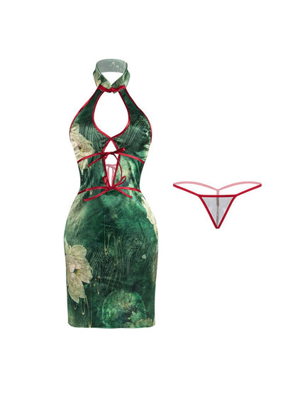 Green Floral Tie Back Cheongsam - Sexy Open Back Chinese Qipao Blesssafe