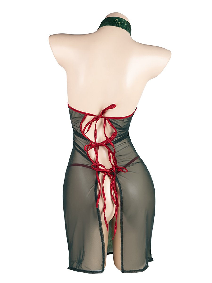 Green Floral Tie Back Cheongsam - Sexy Open Back Chinese Qipao Blesssafe
