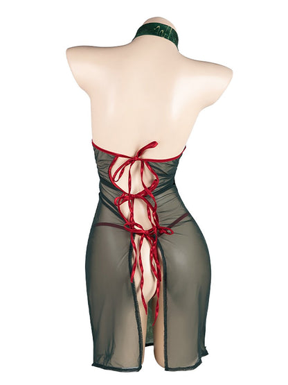 Green Floral Tie Back Cheongsam - Sexy Open Back Chinese Qipao Blesssafe