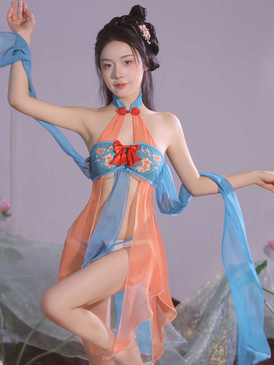 Chinese Style Draping Lingerie Dress - Sheer Chiffon Qipao Gown Blesssafe