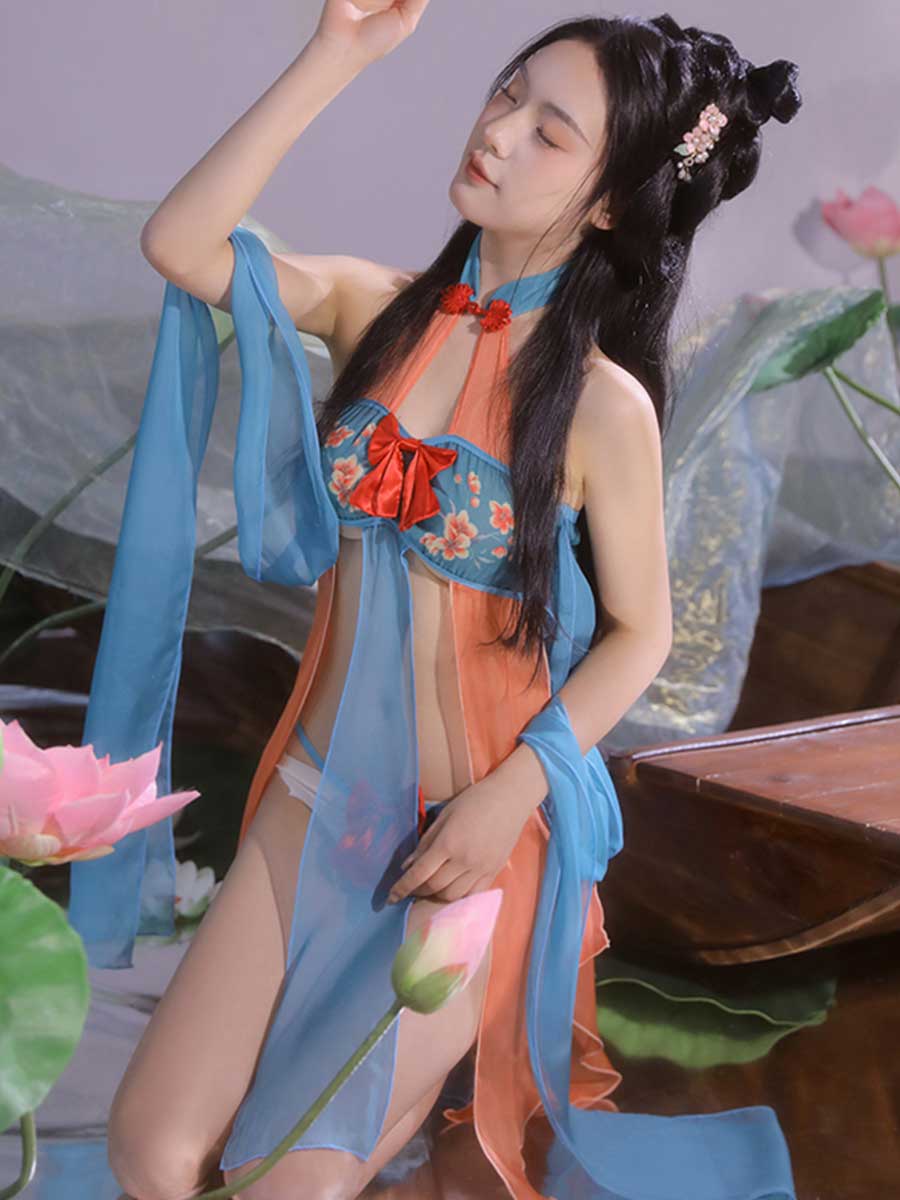 Chinese Style Draping Lingerie Dress - Sheer Chiffon Qipao Gown Blesssafe