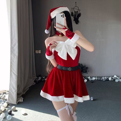 Festive Romance: Velour Santa Roleplay Dress Set with Hat & Stockings blesssafe