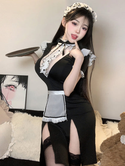 French Maid High Slit Cosplay Lingerie Dress Blesssafe