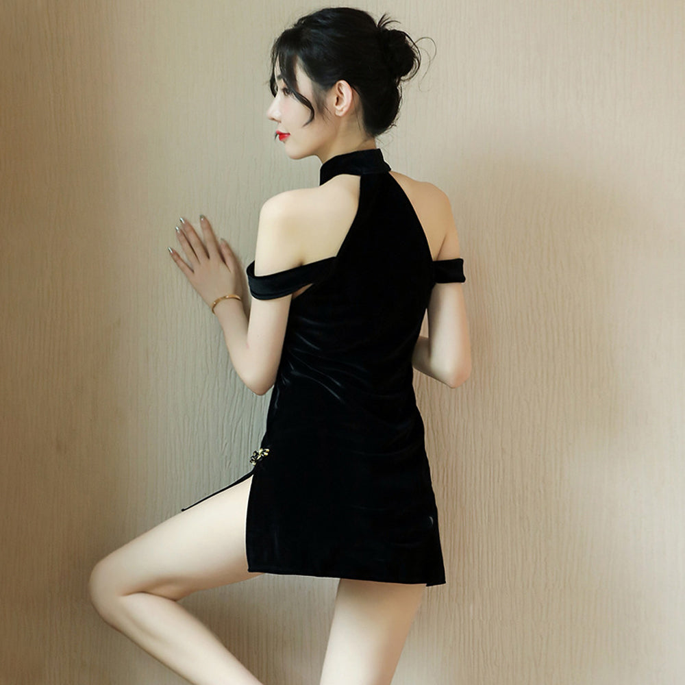 Blesssafe Sexy Chinese Mini Dress Black Cold Shoulder Side Slit Dress Blesssafe