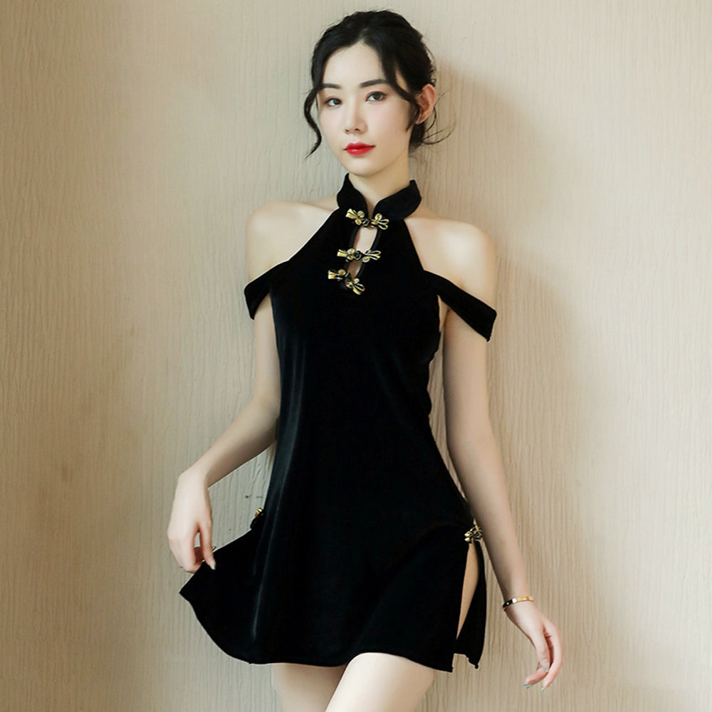 Blesssafe Sexy Chinese Mini Dress Black Cold Shoulder Side Slit Dress Blesssafe