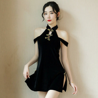 Blesssafe Sexy Chinese Mini Dress Black Cold Shoulder Side Slit Dress Blesssafe