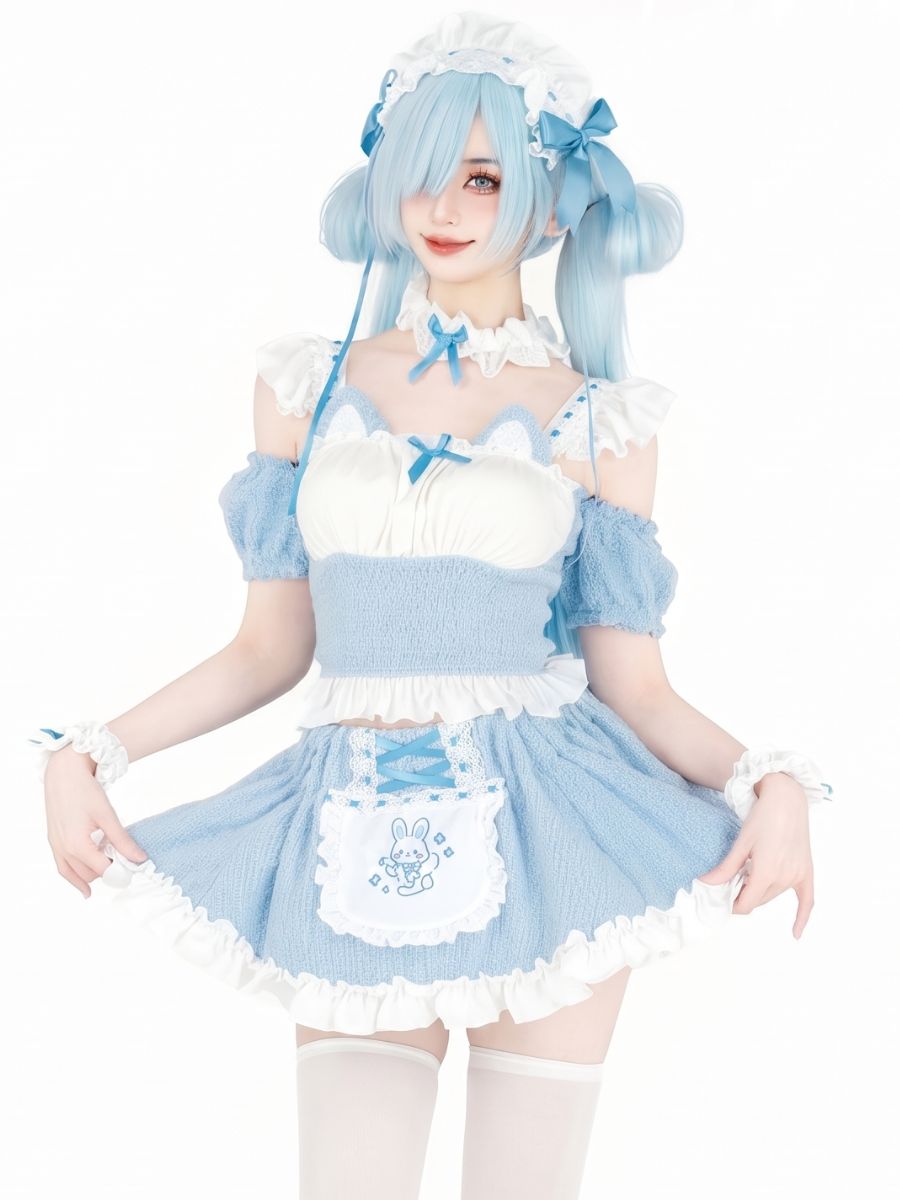 Fleece Light Blue Cat Maid Cosplay Outfit Set Blesssafe