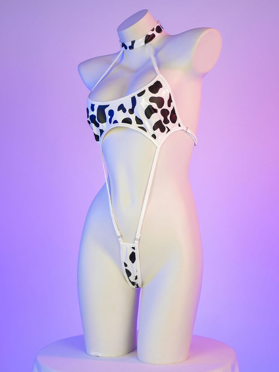 Strappy Cow Print Bodysuit - Sexy Open Back Anime Romper Blesssafe
