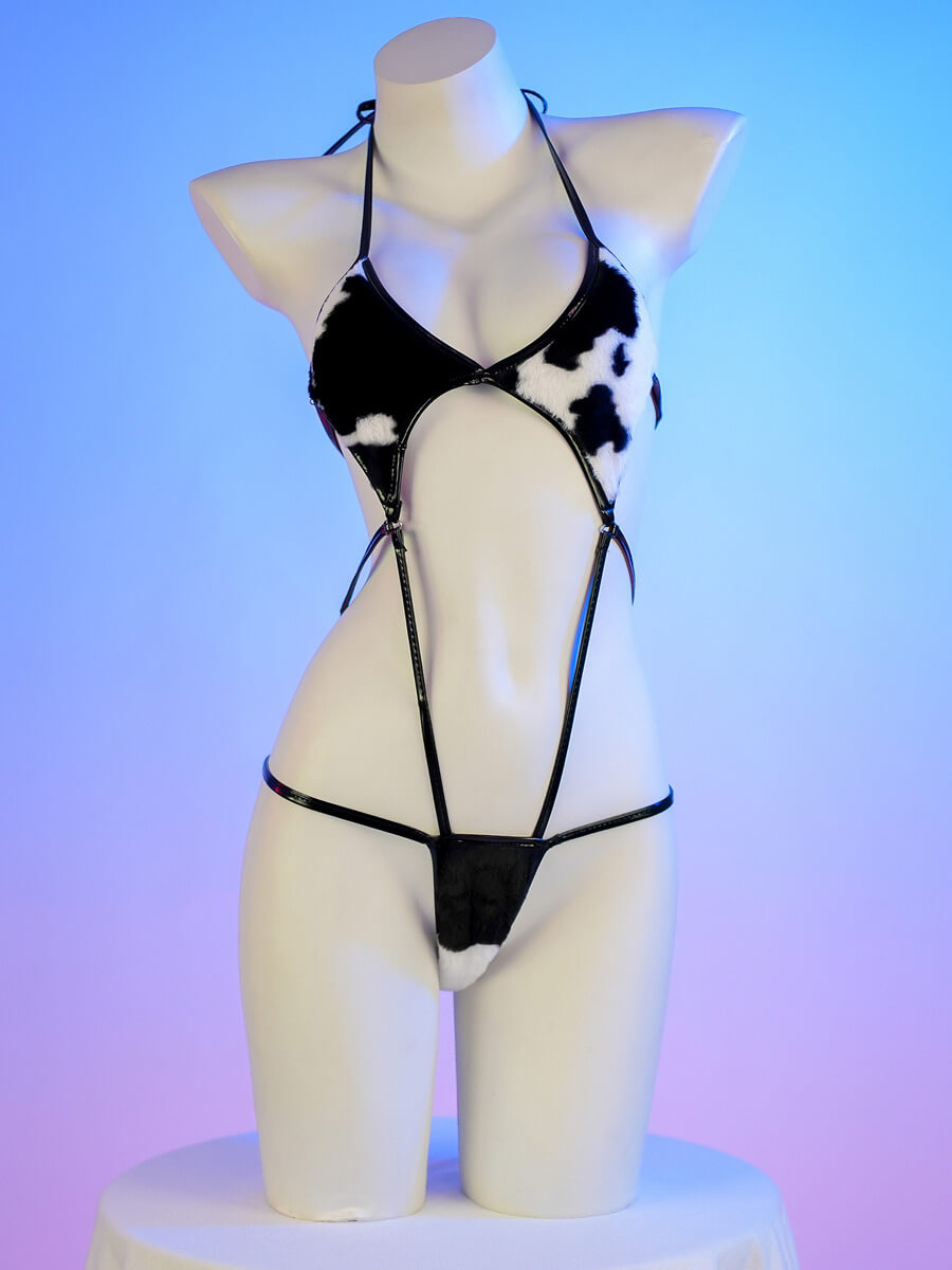 Strappy Cow Print Bodysuit - Sexy Open Back Anime Romper Blesssafe
