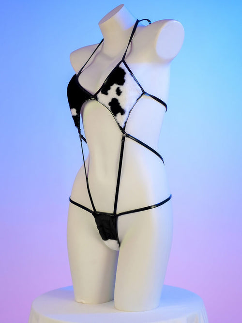 Strappy Cow Print Bodysuit - Sexy Open Back Anime Romper Blesssafe