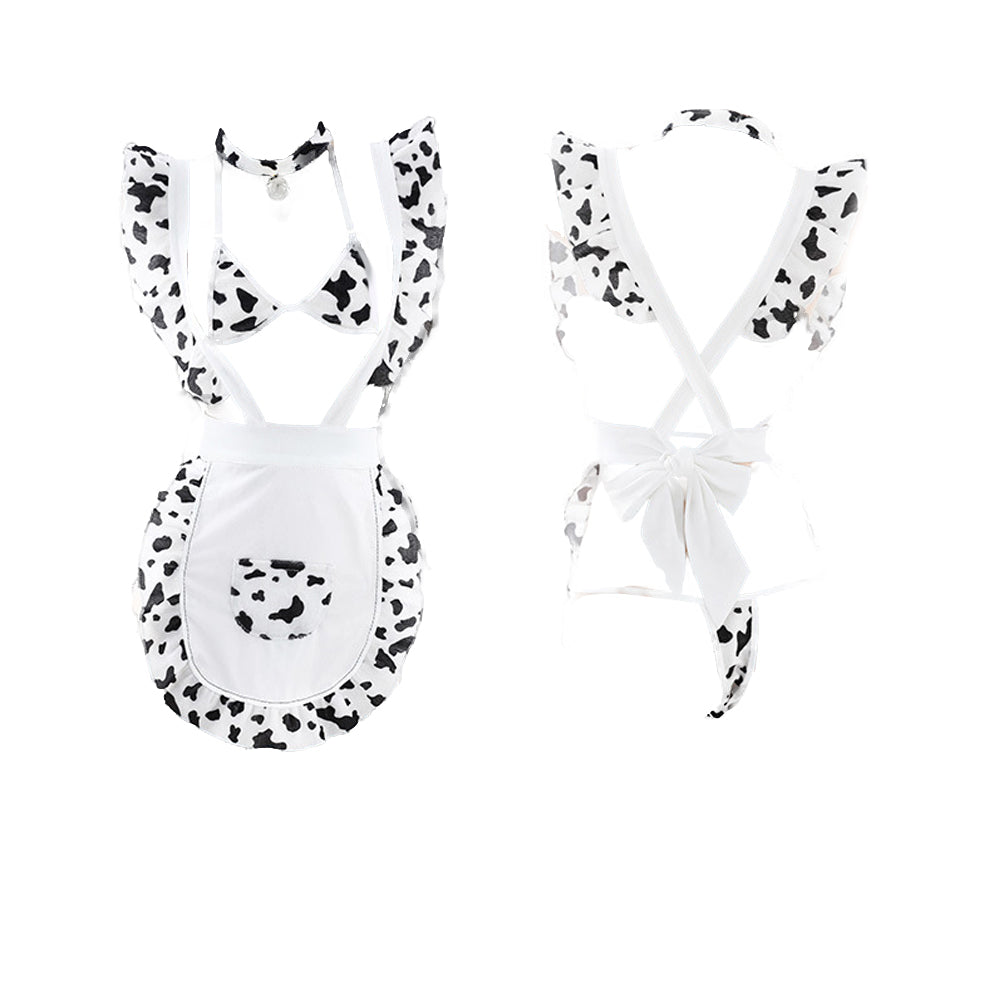Cow Print Maid Costume Micro Bikini Set with Suspenders Apron Lingerie Set Blesssafe
