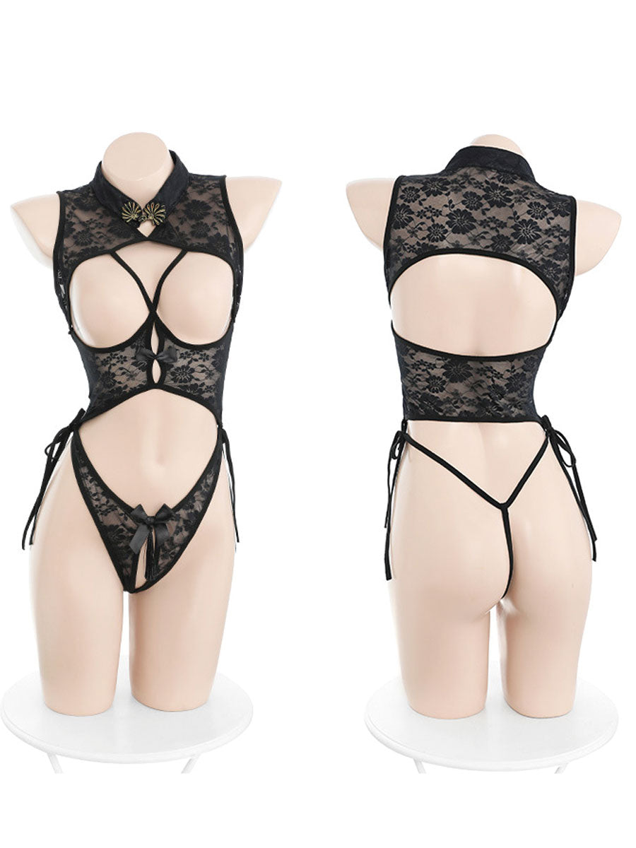 Cupless Chinese Style Teddy Lingerie - Open Bust Qipao Bodysuit Blesssafe