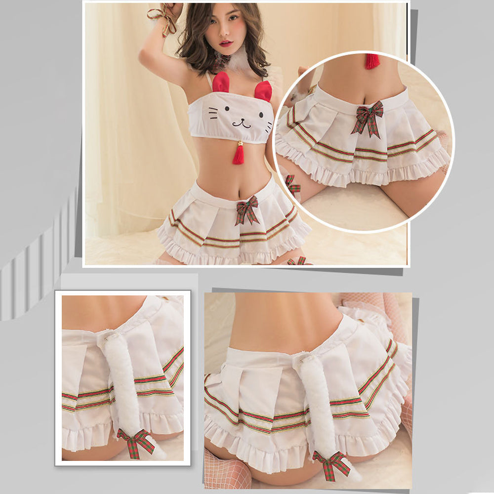 Cute Bunny Costume Cat Print Crop Top and Skirt Set blesssafe