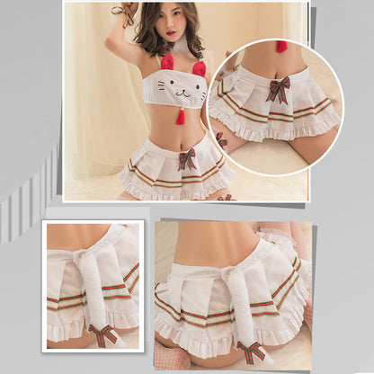 Cute Bunny Costume Cat Print Crop Top and Skirt Set blesssafe