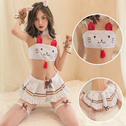 Cute Bunny Costume Cat Print Crop Top and Skirt Set blesssafe