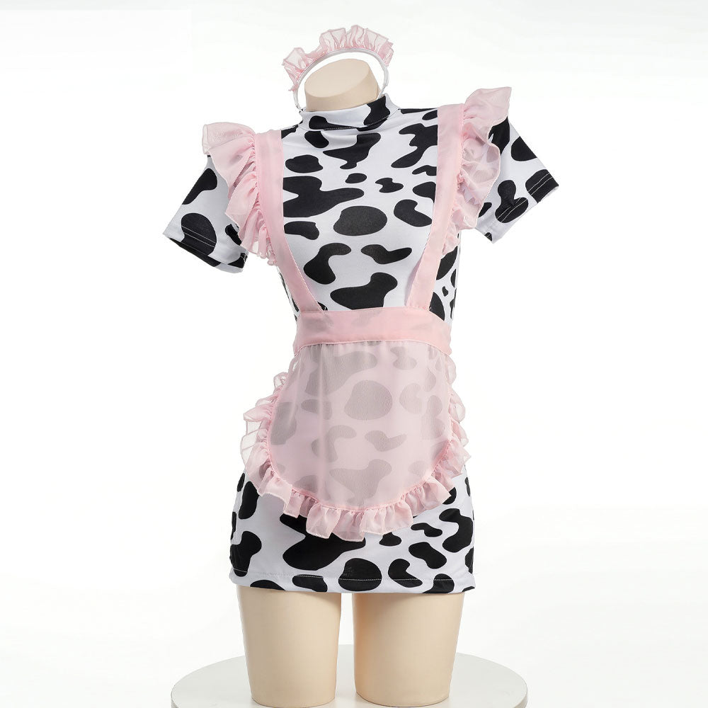 Cute Cow Maid Costume Anime Cow Print Lingerie Set Pink Mesh Maid Apron Babydoll Dress Blesssafe