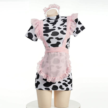 Cute Cow Maid Costume Anime Cow Print Lingerie Set Pink Mesh Maid Apron Babydoll Dress Blesssafe
