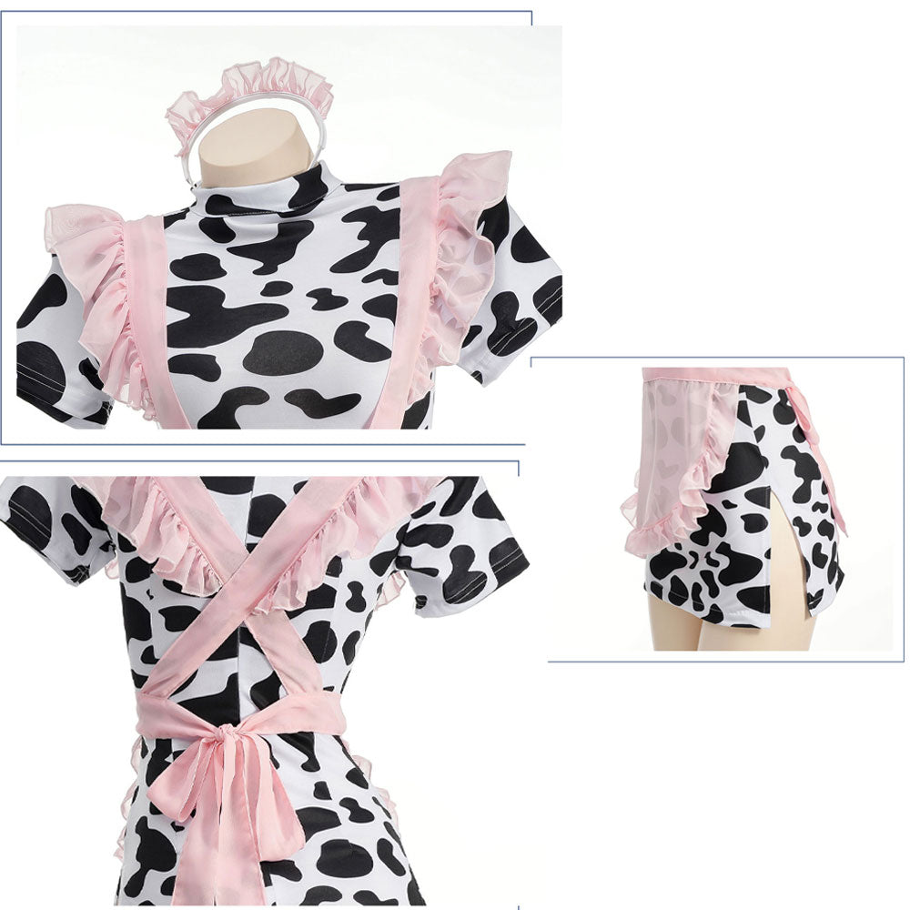 Cute Cow Maid Costume Anime Cow Print Lingerie Set Pink Mesh Maid Apron Babydoll Dress Blesssafe