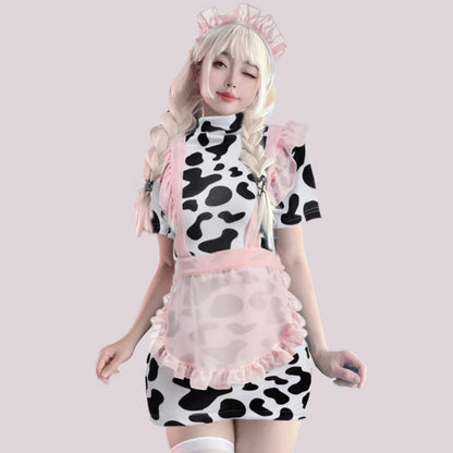 Cute Cow Maid Costume Anime Cow Print Lingerie Set Pink Mesh Maid Apron Babydoll Dress Blesssafe