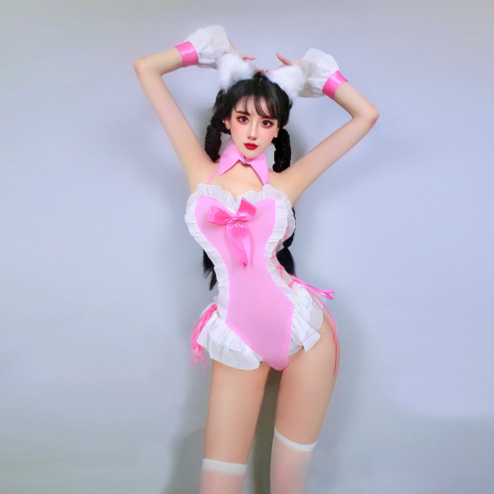 Cute Kitty Halter Lace Up Snaps Crotch Cat Cosplay Bodysuit blesssafe