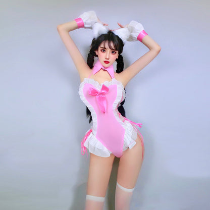 Cute Kitty Halter Lace Up Snaps Crotch Cat Cosplay Bodysuit blesssafe