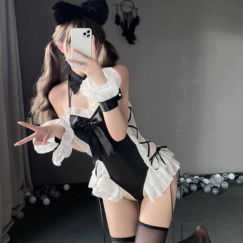 Cute Kitty Halter Lace Up Snaps Crotch Cat Cosplay Bodysuit blesssafe