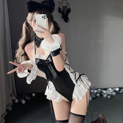 Cute Kitty Halter Lace Up Snaps Crotch Cat Cosplay Bodysuit blesssafe