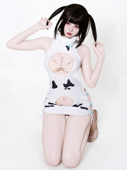 Dairy Cow Turtleneck Sweater Dress - Anime Backless Virgin Killer Blesssafe