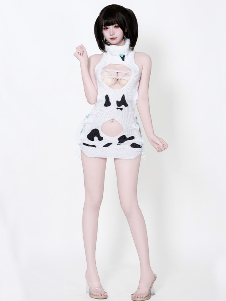 Dairy Cow Turtleneck Sweater Dress - Anime Backless Virgin Killer Blesssafe