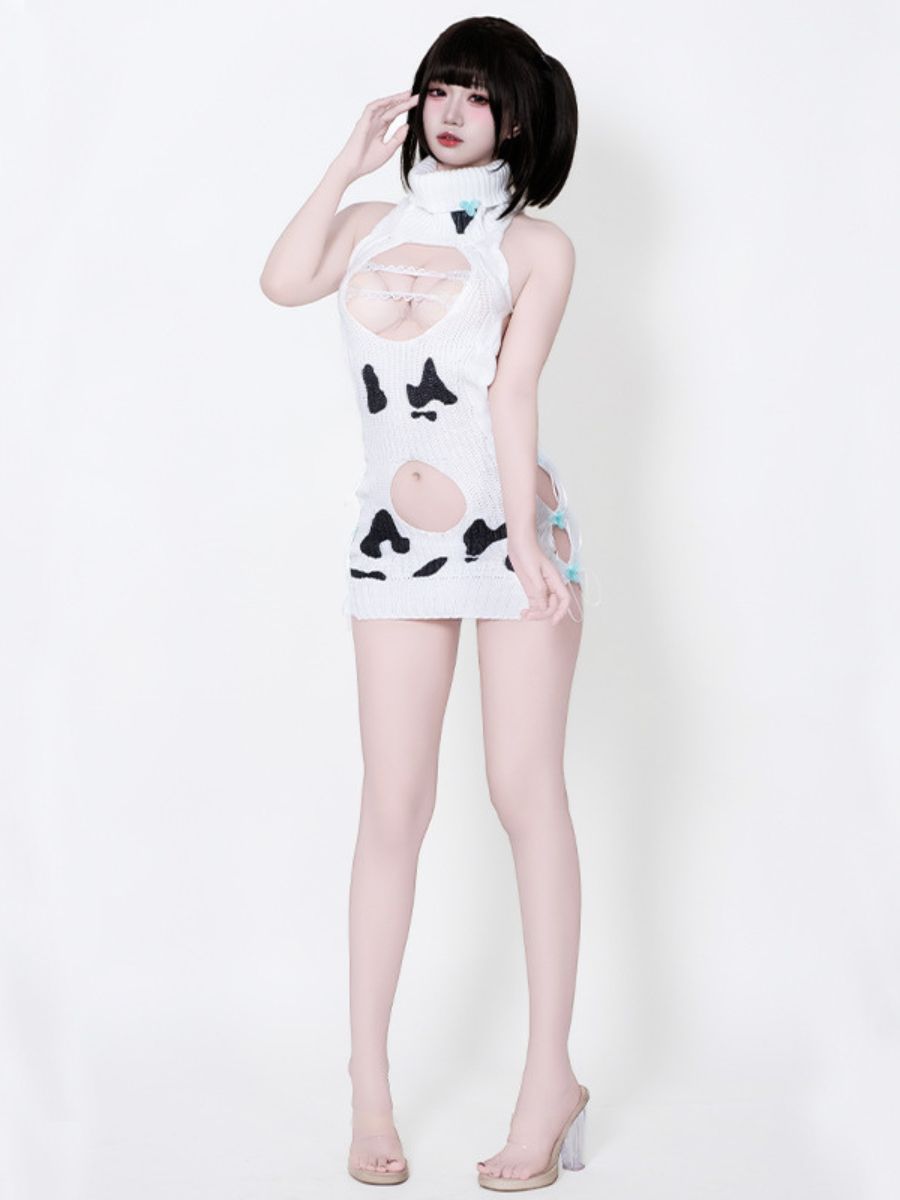 Dairy Cow Turtleneck Sweater Dress - Anime Backless Virgin Killer Blesssafe