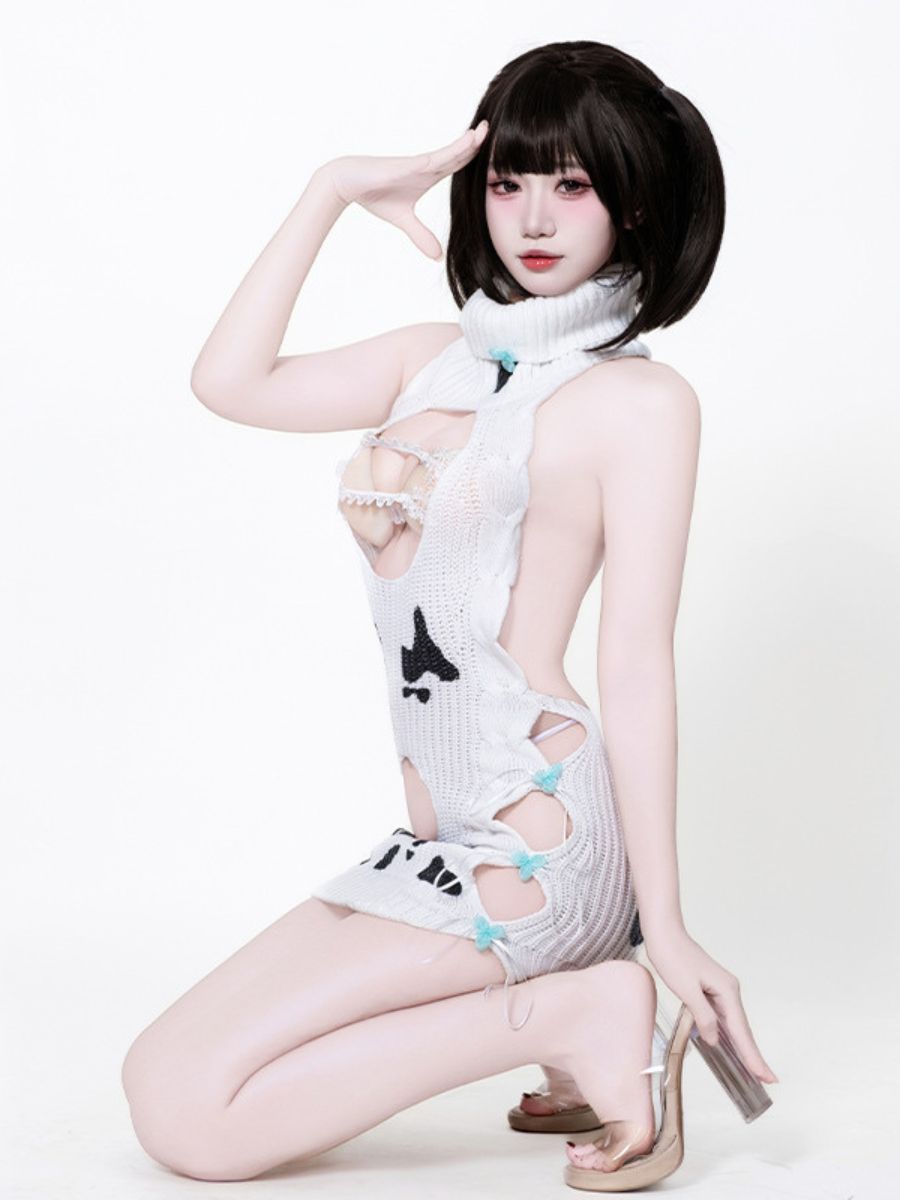 Dairy Cow Turtleneck Sweater Dress - Anime Backless Virgin Killer Blesssafe