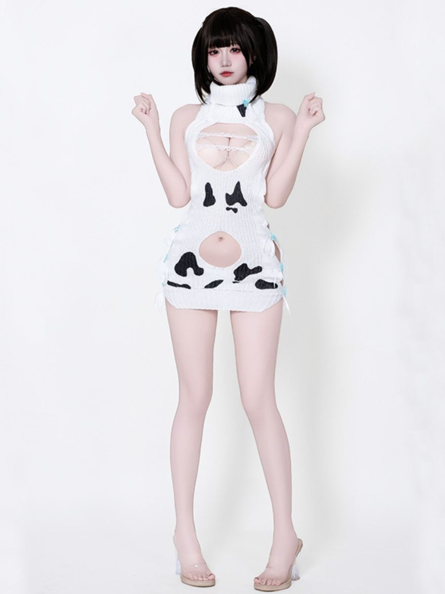 Dairy Cow Turtleneck Sweater Dress - Anime Backless Virgin Killer Blesssafe