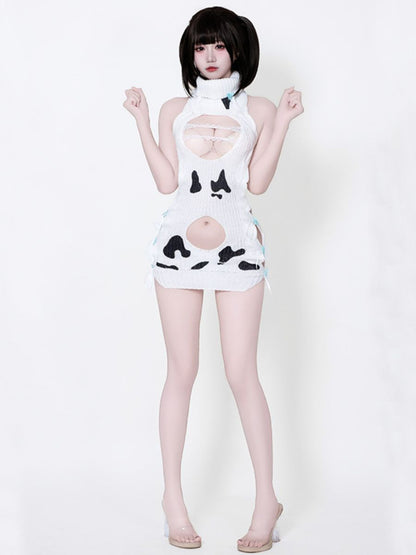 Dairy Cow Turtleneck Sweater Dress - Anime Backless Virgin Killer Blesssafe